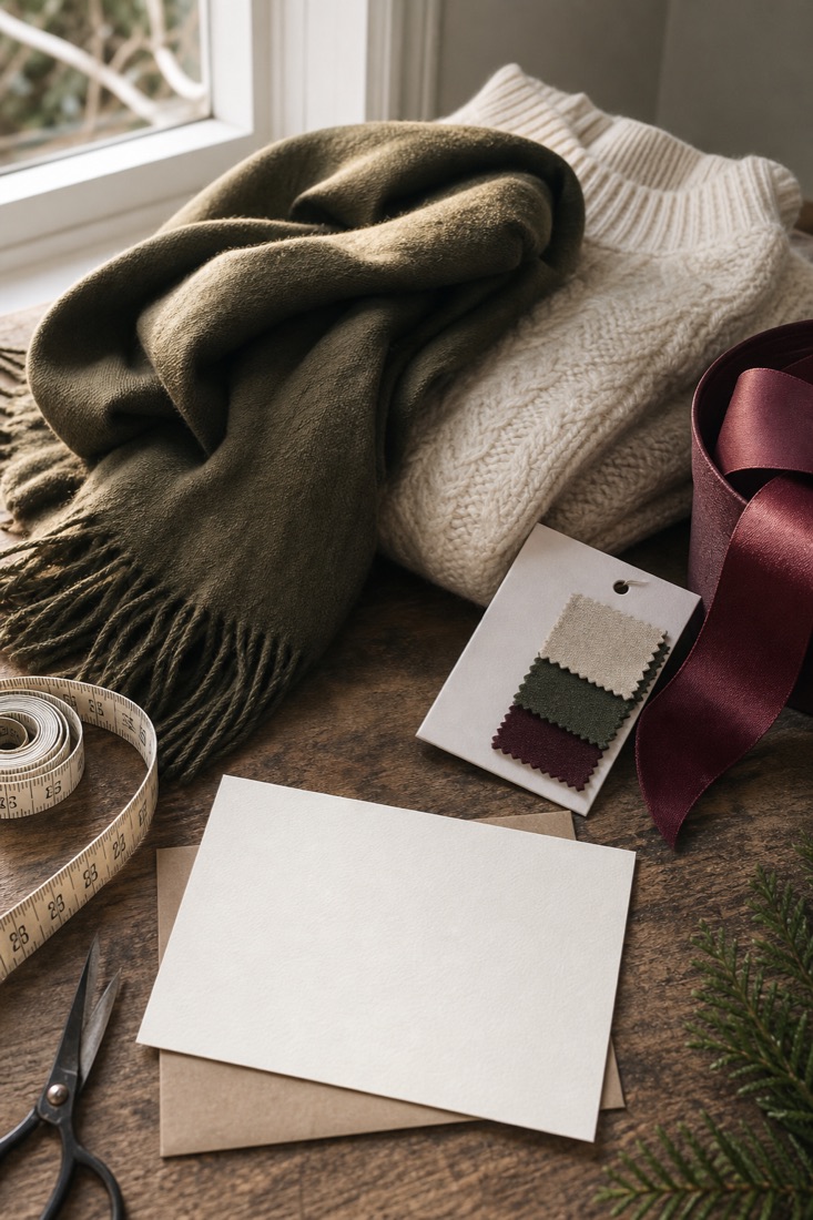 Olive scarf, cream knit, fabric swatches, measuring tape and blank gift card